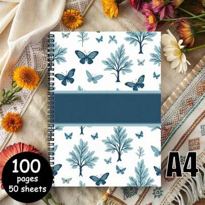 دفتر ملاحظات مربوط بحلزون مبطن بحجم A4، الغلاف مزين برسم فراشة حيوية ونمط شجرة أنيق، رومانسي وفني. ملمس ورق مريح، كتابة سلسة بدون بقع حبر، مناسب لتسجيل الإلهام اليومي، الجدولة، كتابة اليومية، تدوين الملاحظات، إضافة سحر شعري لوقت الكتابة الخاص بك.