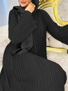 Women's Solid Color Pleated Abaya Dress, Modest Spring Black - Black - View 2