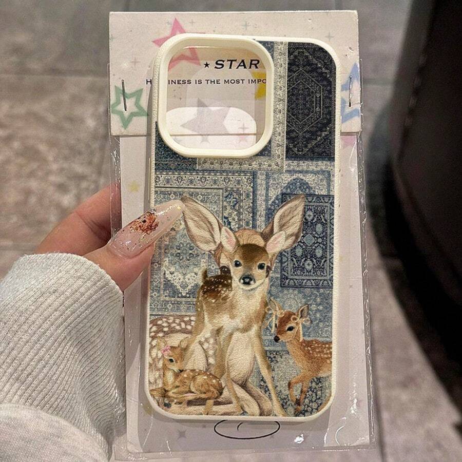 1个TPU材质复古优雅蓝色小鹿拼接图案手机壳，兼容苹果17 Pro Max/17/16 Pro Max/15/13/12/11、S20 FE/A15/S24/A55、Note 11/Note 12/Note 13 Pro，全包软保护套 - 白色 - 查看 1