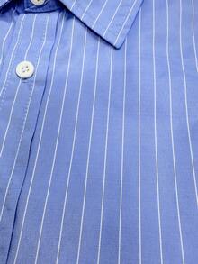 Camisa de manga corta a rayas casual/para ir al trabajo de solapa única para hombres - Azul - Ver 7