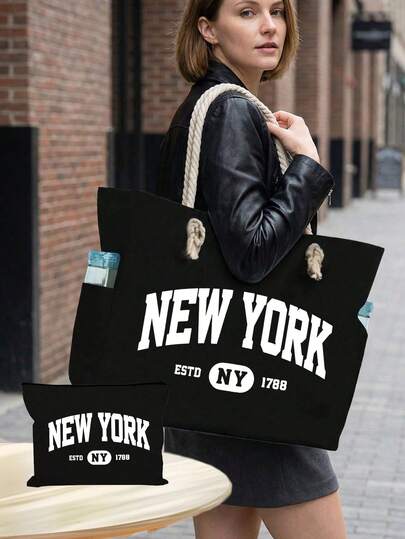Tote Bag Set Printed With "New York" Pattern,Large Capacity Shoulder Bag & Matching Small Pouch, Durable Reusable Shopping Bag For Daily Use, Church Outings, Travel & Work, Travel Tote Bag, Vacation Storage Bag, Large Capacity Shoulder Bag, For Beach Sunbathing, Picnicking, Camping, Travel, Gym, Pool, Women's Weekend Bag, Reusable Shopping Bag Or Daily Business Travel, Back-To-School Gift, Birthday Gift, Travel Accessory, Mother's Day Gift, Wedding Accessory