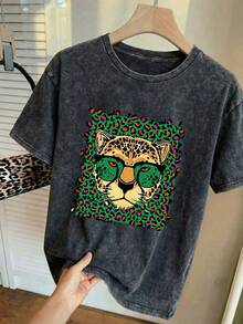 Camiseta casual de manga corta con cuello redondo y estampado de leopardo con gafas de moda para mujer talla grande, primavera/verano vacaciones negro - Negro - Ver 4