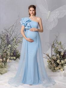 Faeriesty Dressalisa Elegant One-Shoulder Ruffle Sleeve Maternity Dress & Baby Shower Gown, Side Slit Organza Tail, Mermaid Hem - Exquisitely Elegant Baby Shower Dress, Suitable For Formal Dinners, Bridal Luncheons, Celebration Receptions, Maternity Events And Graceful Ceremonies. - Baby Blue - View 8