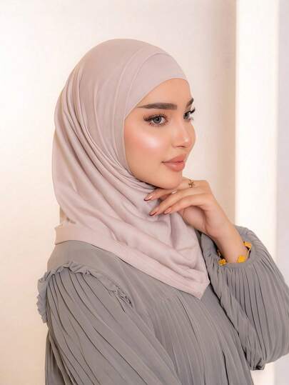 1件装女士中东阿拉伯迪拜土耳其穆斯林纯色经典简约休闲优雅低调莫代尔丝绸柔软透气舒适长帽檐二合一围巾头巾针织头巾，适合日常生活、节日、聚会、礼拜等场合。