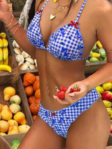 2pcs Lemon Yellow Plaid Print With Red Bow Swimwear Set, Removable Swimwear Pads, Beach Vacation Outfits, Swimsuit, Summer Dresses For Women, Summer Clothes Women, Festival, Ibiza Outfits, Swimwear Women, Bikini Set, Swimming Costume Women, Beach Wear Women, Holiday Coord, Beach Dress, Bikinis For Women Sets - Blue Purple - View 10