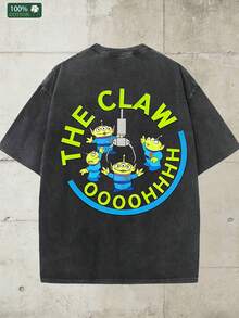 Disney-Toy Story Three Eyed Boy THE CLAW Theme T-Shirt Retro Distressed Washed Cartoon Print Short Sleeved Shirt For Men And Women, Loose Half Sleeved Top For Couples - màu đen - Xem 4