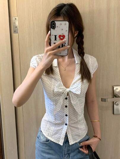 French Sweet Bow Polka Dot Puff Sleeve Short Sleeve Blouse For Women, Slim Fit Stylish Versatile Top For Summer