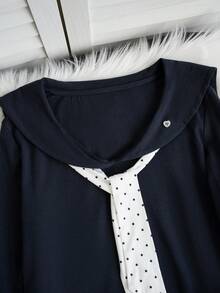 Women's Casual Turndown Collar Contrast Polka Dot Tie Front Long Sleeve Blouse, Spring/Summer - Navy Blue - View 9