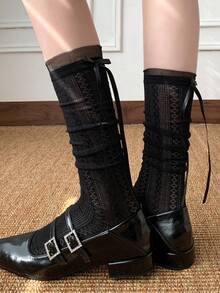 1双蝴蝶结缎带透明过膝袜，女士春夏薄款保暖腿套，公主/芭蕾风格镂空长袜 - 彩色 - 查看 6