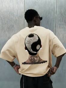 Fractyr 男士时尚休闲街头摇滚嘻哈风宽松短袖T恤 | 饰有肖像、菱形和太极元素印花 | 精致设计 | 春夏必备 | 百搭风格，复古气息，用途广泛，100%纯棉 | 送给朋友的完美礼物 | 展现您独特的个人风格。 - 杏色 - 查看 1