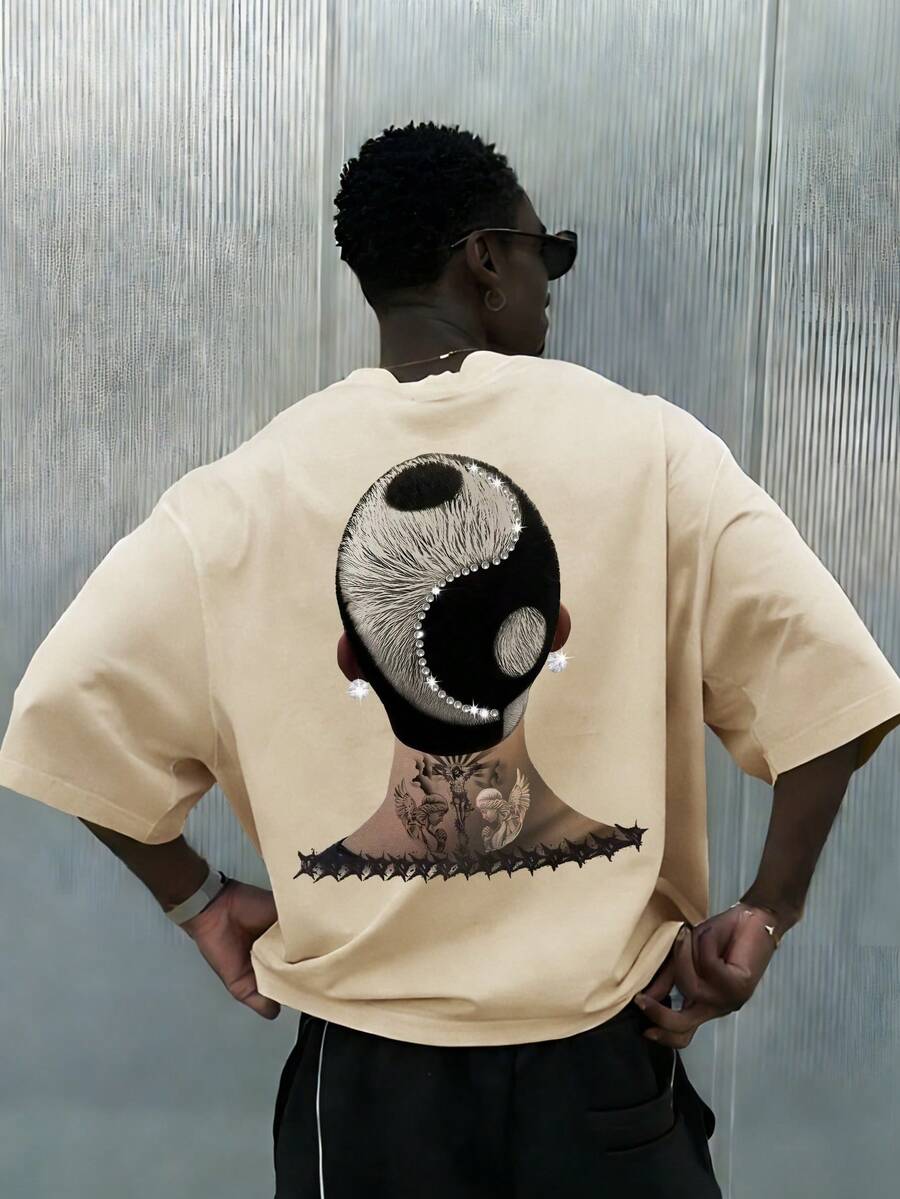 Fractyr 男士时尚休闲街头摇滚嘻哈风宽松短袖T恤 | 饰有肖像、菱形和太极元素印花 | 精致设计 | 春夏必备 | 百搭风格，复古气息，用途广泛，100%纯棉 | 送给朋友的完美礼物 | 展现您独特的个人风格。 - 杏色 - 查看 1