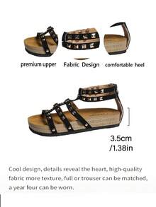 Men's Gold Studded Roman Sandals, Thick Sole Open Toe Summer Casual Shoes - Black - View 7