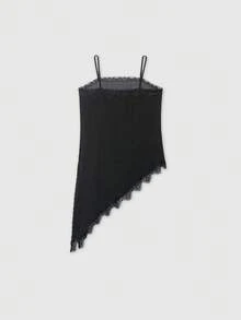 Women's Summer Casual Vacation Polka Dot Print Contrast Lace Asymmetrical Hem Camisole - Black - View 2