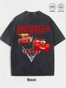 Disney-Car Mobilization Lightning McQueen T-Shirt Retro Distressed Washed Cartoon Printed Short Sleeved Shirt For Men And Women, Loose Half Sleeved Top For Couples - Black - View 4