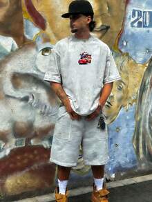 Disney-Car Mobilization Lightning McQueen Bent Teeth T-Shirt Retro Distressed Washed Cartoon Print Short Sleeved Shirt For Men And Women, Loose Half Sleeved Top For Couples - Màu Xám nhạt - Xem 2