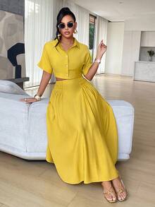 AIJ Amarilo Women's Lemon Yellow 2-Piece Set - Cropped Short Sleeve Top And High Waist Tie Maxi Skirt, Sexy Beach Vacation Outfit, Summer - Mustard Yellow - View 5