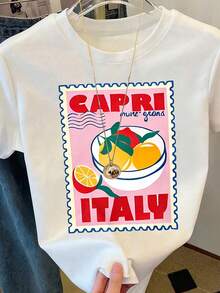 时尚大码女士短袖T恤，饰有独特的意大利卡普里岛图案，舒适高弹圆领上衣，休闲白色 - 白色 - 查看 3