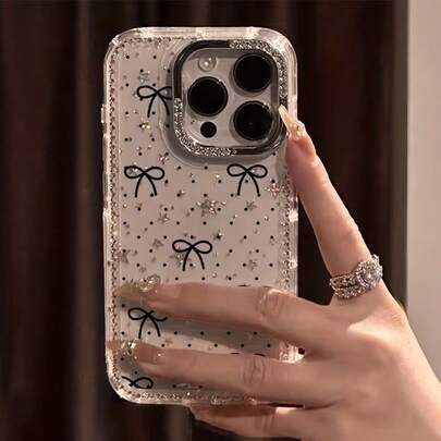 奢华波点设计时尚手机壳，波点蝴蝶结镶嵌奢华水钻，透明闪亮边框星形外壳防震保护壳，兼容 17 Pro Max、17 Air、16、15、14 Plus、13、12、11，馈赠亲友，节日礼物，时尚配饰，水钻手机壳，UV印刷设计，手机壳，精美礼盒，时尚达人必备，苹果用户手机壳，春季礼物，生日礼物