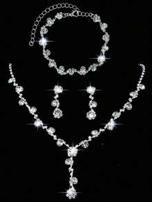 Shiny Ladies' Evening Clutch, New Stylish Handbag And Evening Bag, Paired With A Three Pieces Sparkling Rhinestone Evening Jewelry Set, Including A Dazzling Pendant Necklace, Earrings, And Bracelet. Perfectly Matches Wedding Dresses, Sequin Dresses, And Prom Gowns, Suitable For Parties, Weddings, And Proms. - Silver - View 11