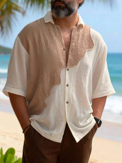 Áo sơ mi nam tay ngắn mùa hè, kiểu dáng thường ngày, phong cách retro, chất liệu vải thoải mái, phối màu sáng tạo, thích hợp cho các buổi đi chơi, du lịch hoặc đi làm.