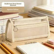 1pc Transparent Thick Mesh Double-Layer Pencil Case, Extra Large Capacity Easily Fits All Exam Stationery - Single Piece - View 7