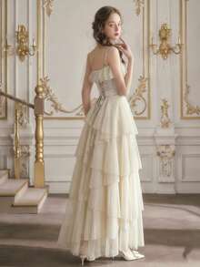 Elegant Romantic Wedding Guest Tulle Spaghetti Strap Party Evening Tie-Up Ruffle Hem Princess Dress - Apricot - View 4