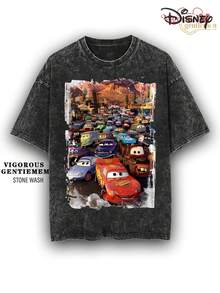 Disney Cars Radiator Springs Traffic Jam Stone Wash Cotton 180g Streetwear Tee - màu đen - Xem 1