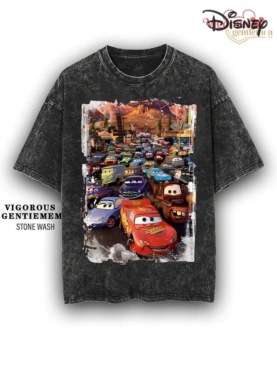 Disney Cars Radiator Springs Traffic Jam Stone Wash Cotton 180g Streetwear Tee - màu đen - Xem 1