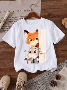 Disney Zootopia Judy Hopps And Nick Wilde Peeking Cute Anime Style Printed Pattern T-Shirts For Girls - Children's Clothing Design Short-Sleeved Casual And Cute Style Comfortable And Casual Wear All Year Round Suitable For Parties And Play Machine Washable Gift Children's Clothing Girls' Short-Sleeved Shirts - White - View 2
