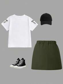 女童卡通印花圆领短袖上衣和裙子套装 - 白色 - 查看 3