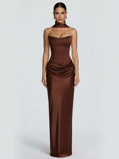 Vestido largo ajustado con tirantes finos y sexy para mujer Cornelia, vestido de satén plisado de verano con lazo en la espalda, elegante para fiesta de cumpleaños, negro