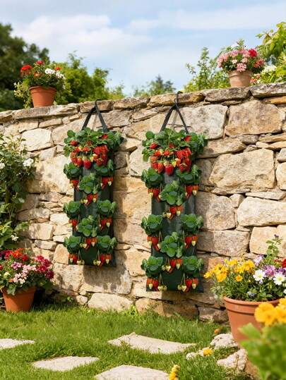 2pcs Wall-Mounted Strawberry Planting Bags, Hanging Flower Planting Bags, Outdoor Planting Bags, Multi-Pocket Breathable And Waterproof Reusable Strawberry Planting Bags, Suitable For Balcony And Garden, Home Vegetable And Fruit Planting