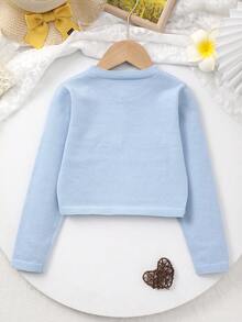 Girls' All-Season Solid Color Knit Elegant Round Neck Single Button Leaf & Bow Embroidery Pattern Knit Cardigan Shawl, Suitable For Outings And Gatherings - Baby Blue - View 8