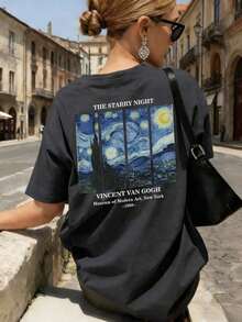 Women's Summer Personalized Letter Printed Pattern Round Neck-Shirt Fashionable And Versatile Women's Half Sleeve Small Shirt With Van Gogh Starry Print. Graphic Tees Women Pink Top White Top Black Top - 深灰色 - 查看 1