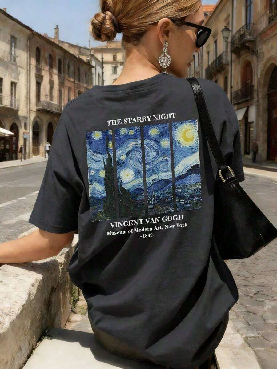 Women's Summer Personalized Letter Printed Pattern Round Neck-Shirt Fashionable And Versatile Women's Half Sleeve Small Shirt With Van Gogh Starry Print. Graphic Tees Women Pink Top White Top Black Top - 深灰色 - 查看 1