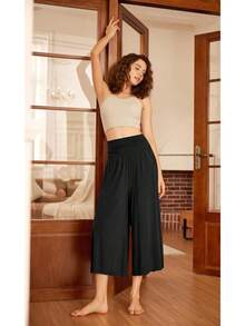 Women's Wide Leg Palazzo Lounge Cropped Pants With Pockets Light Weight Comfy Pajama Capri Pants-20/22"/ 24" Inseam - 黑色 - 查看 4