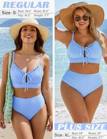 High Waisted Bikini Sets For Women Textured Tummy Control Swimsuits Two Piece Cutout Beach Swim Bathing Suits - Sky Blue - View 5