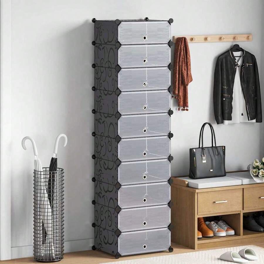 vidaXL Schuh-Organizer Zusammenklappbar mit 10 Fächern Schwarz - Schwarz - Übersicht 1