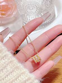 RAYQUEEN 1pc Stainless Steel Chain With Cubic Zirconia Round Pendant Necklace, Suitable For Daily Wear - Yellow Gold - View 3