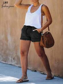 Plus Size Women Pocketed Frayed Hem Casual Loose Denim Shorts Black Summer - Black - View 4