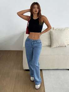 Europe And The United States Explosion Rivet Technology Simple Women's Denim Straight Pants, Fashion Wild Party Loose Denim Trousers, Party Commuting Daily Wear. - 中等水洗藍 - 查看 7
