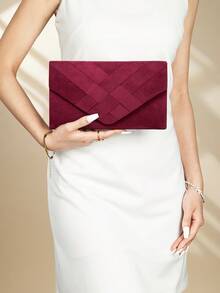 Fashionable Velvet Trim Evening Clutch, Envelope Shoulder Bag - Burgundy - View 5