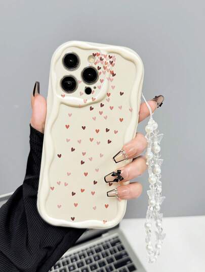 1pc Milky White Ombre Heart Pattern Soft Shockproof Full Coverage Phone Case With Pearl Butterfly Lanyard, Suitable For IPhone17/16/15/14/13/12/11Pro/Pro Max/Plus, Sweet Girl Style