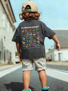 男童休闲印花圆领短袖T恤，夏季上衣 - 深灰色 - 查看 3