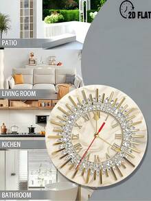 木质大理石纹金色水晶挂钟，静音圆形木质挂钟，适用于卧室、客厅、办公室、厨房装饰（不含AA电池） - 彩色 - 查看 3