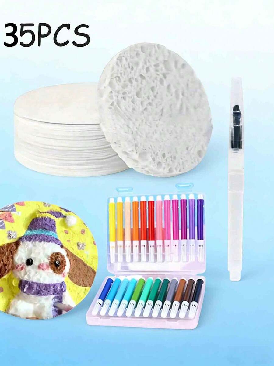 35pcs 3D Sponge Painting Boards, Includes Water-Absorbing Brush Set, Expandable Foam Art & Craft Paper, Blank Foam Textured Painting Paper, DIY Handcraft Supplies, Creative Drawing Tools, Textured Painting Brushes - Multiple Styles - View 1