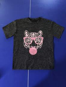 女士夏季新款虎纹圆领短袖T恤，休闲宽松百搭上衣，时尚日常穿着 - 黑色 - 查看 2