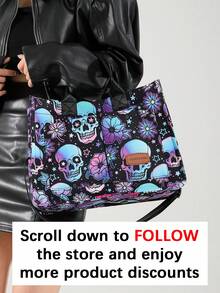 Versatile Skull Shoulder Bag For Women Purse And Handbag, Large Capacity Multi-Pocket Canvas Shoulder Commuter Bag Handbags, Lightweight Casual Tote Shoulder Messenger Bag, Students School Laptop Bags Minimalist Sport Backpack With Multi Compartments & Multi Pockets, Perfectly Matching With Halloween Costumes Women - 彩色 - 查看 2