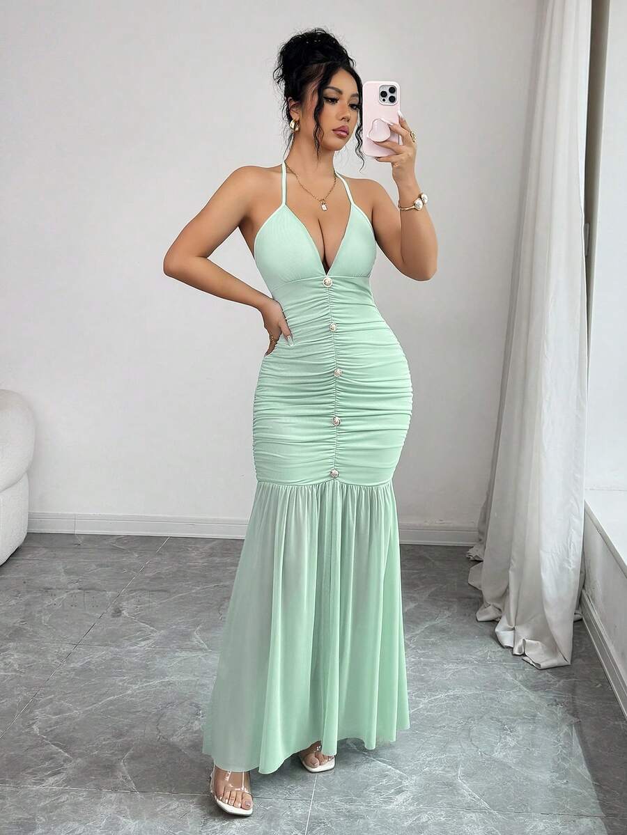 女士鼠尾草绿纯色优雅性感Y2K露背吊带深V领褶皱抽绳纽扣前襟透视网纱下摆美人鱼修身长裙，适合春夏派对、婚礼宾客、度假、海滩、舞会季、毕业季、节日季、春假等场合穿着。 - 豆綠色 - 查看 1