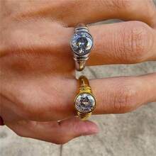 VKHK 1枚复古18K镀金不锈钢闪亮锆石装饰单戒指，适合女性婚礼佩戴作为礼物 - 鑽戒 - 查看 3